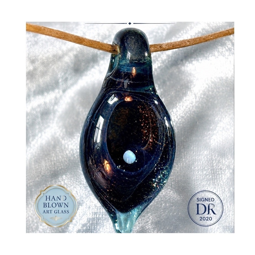 Signed DR 2020 Hand Blown Art Glass‎ Galaxy Pendant with Opal Inlay Dark Blue